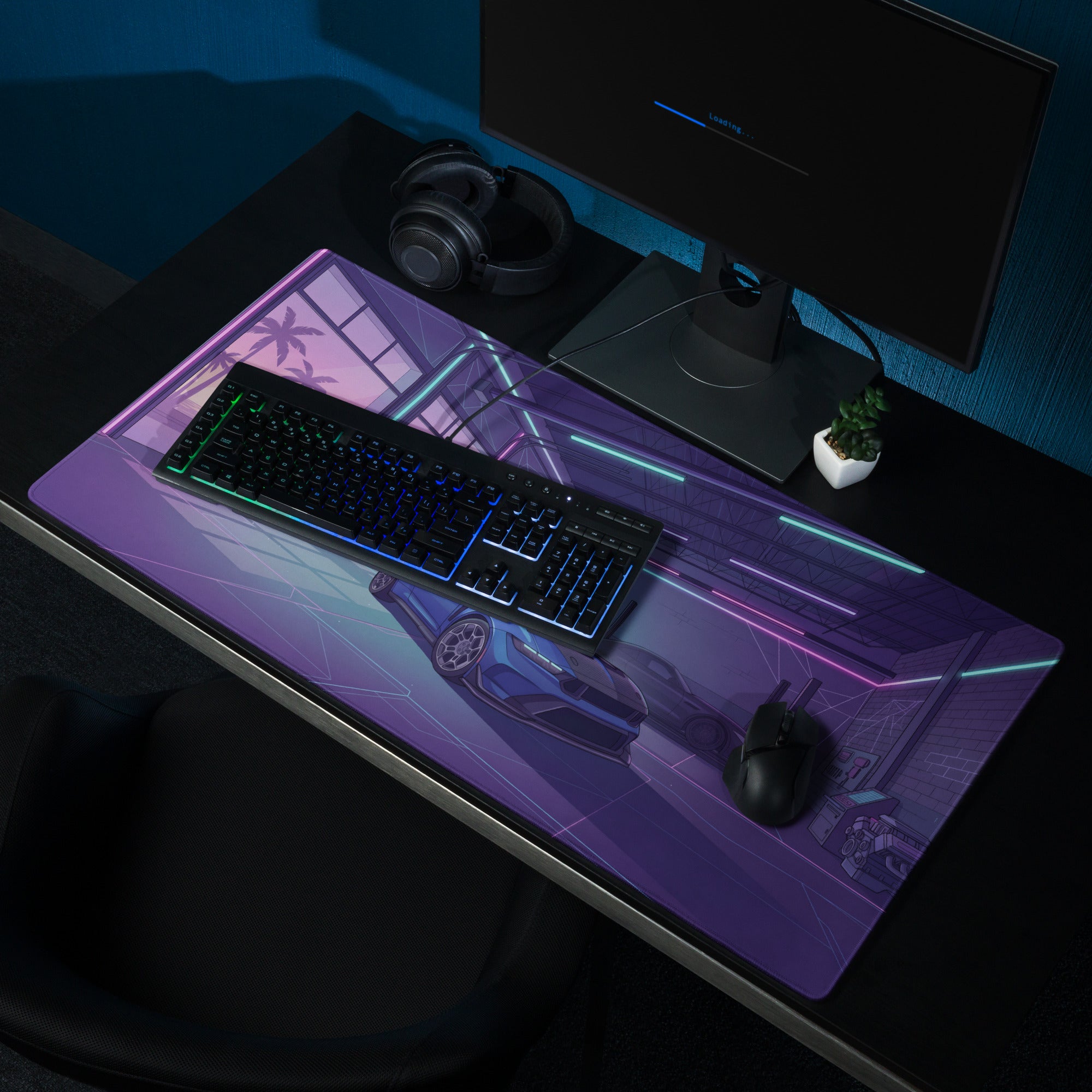 Ford Mustang GTD Inspired Blue Vaporwave Gaming Mouse Pad – Neon Purple Performance Garage Desk Mat with Retro Futuristic Palm Trees and Synthwave Art