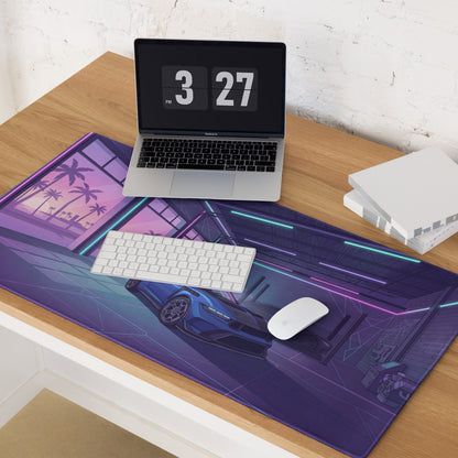 Ford Mustang GTD Inspired Blue Vaporwave Gaming Mouse Pad – Neon Purple Performance Garage Desk Mat with Retro Futuristic Palm Trees and Synthwave Art