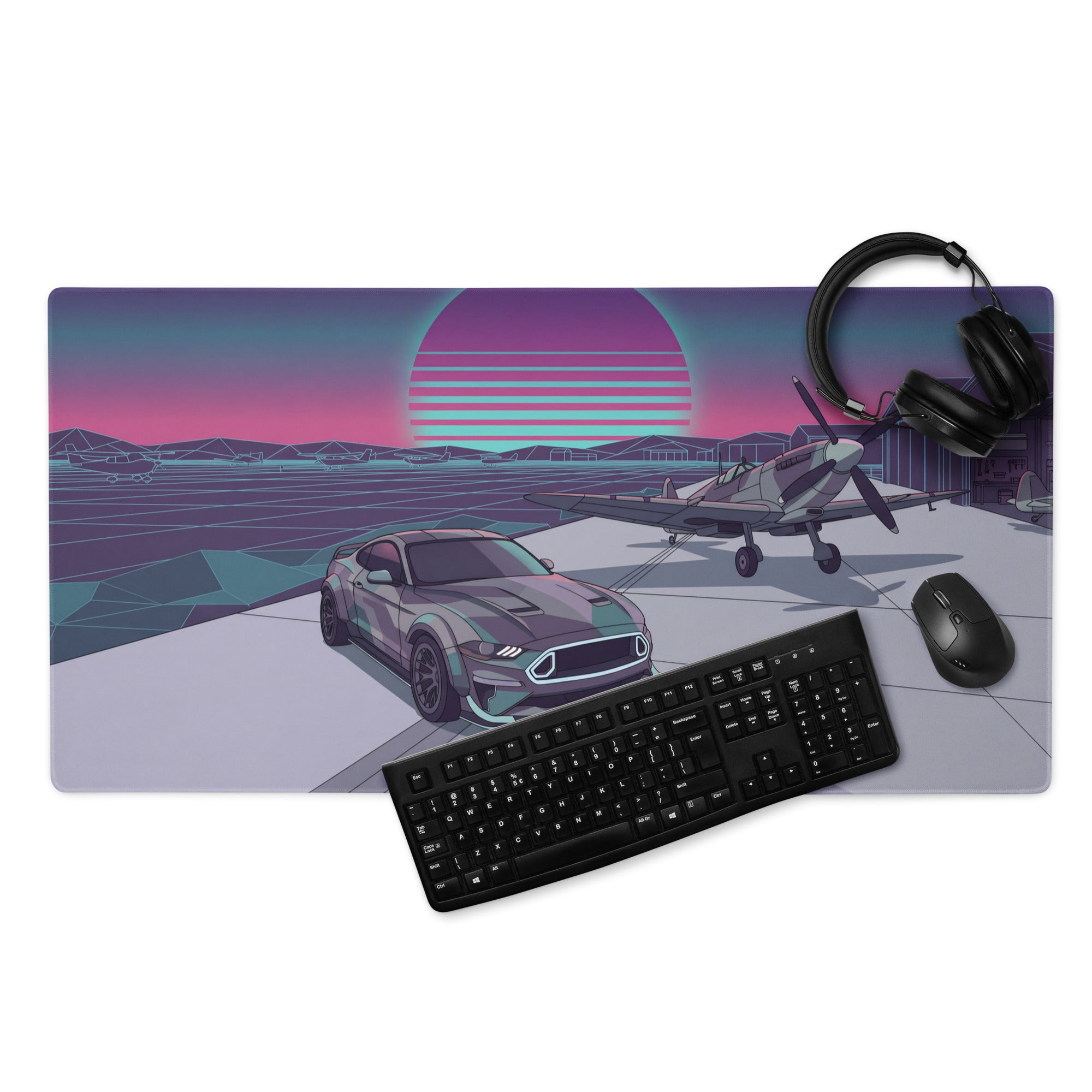 Ford Mustang GT Inspired Gray Vaporwave Gaming Mouse Pad – Retro Futuristic Airfield Desk Mat with Fighter Plane, Neon Sunset and Synthwave Art
