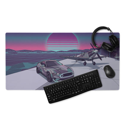 Ford Mustang GT Inspired Gray Vaporwave Gaming Mouse Pad – Retro Futuristic Airfield Desk Mat with Fighter Plane, Neon Sunset and Synthwave Art
