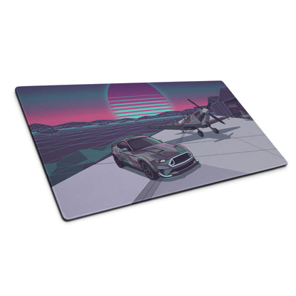 Ford Mustang GT Inspired Gray Vaporwave Gaming Mouse Pad – Retro Futuristic Airfield Desk Mat with Fighter Plane, Neon Sunset and Synthwave Art