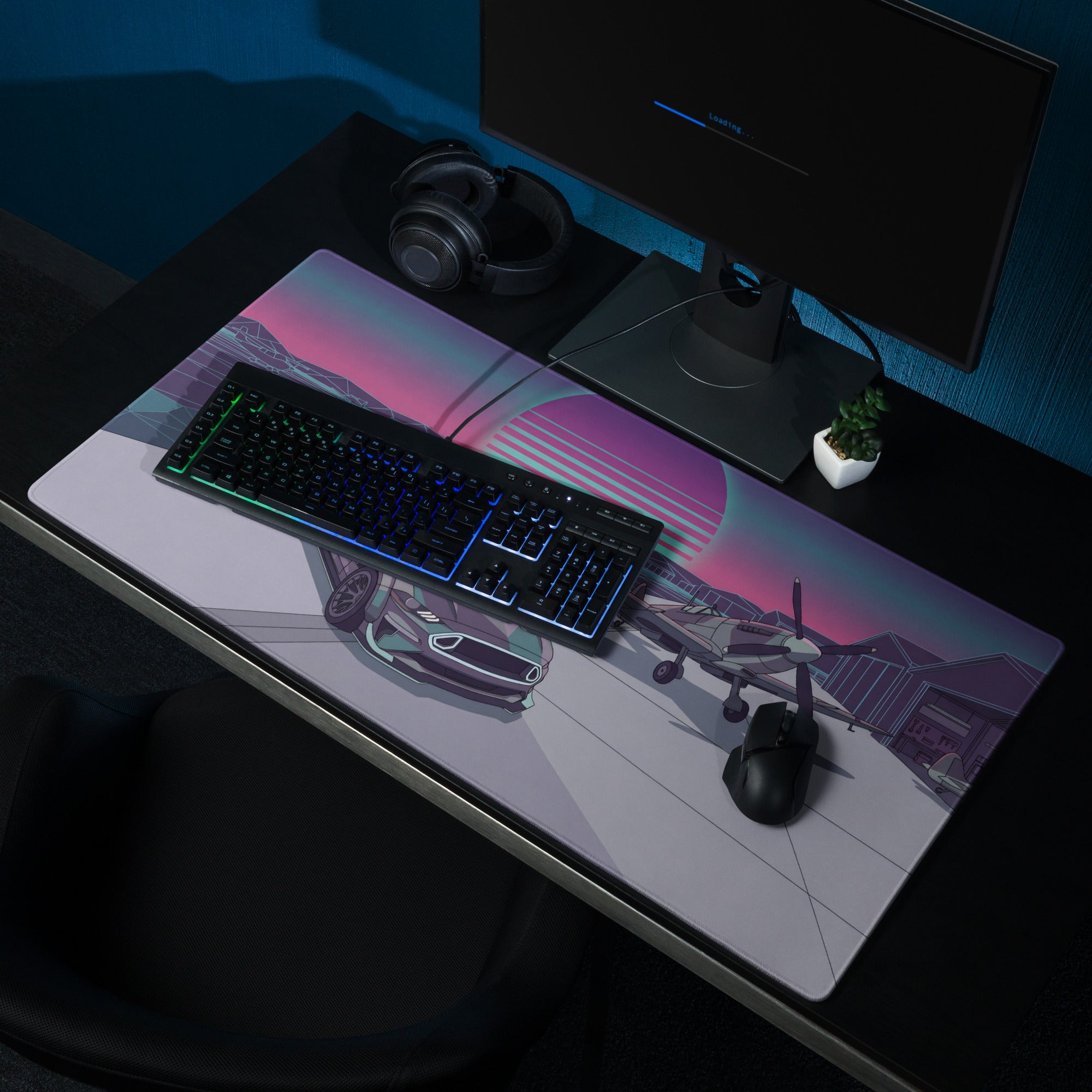 Ford Mustang GT Inspired Gray Vaporwave Gaming Mouse Pad – Retro Futuristic Airfield Desk Mat with Fighter Plane, Neon Sunset and Synthwave Art