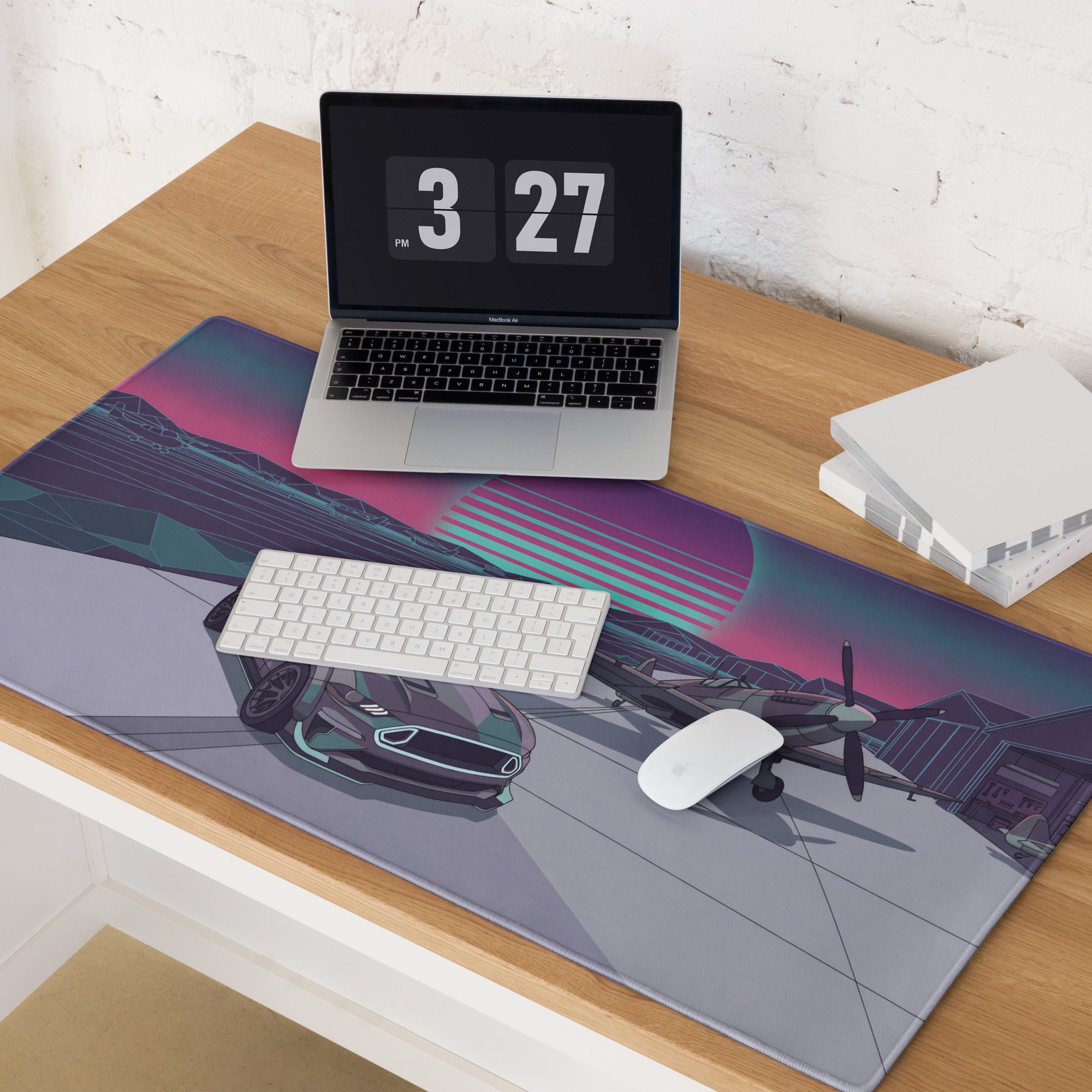 Ford Mustang GT Inspired Gray Vaporwave Gaming Mouse Pad – Retro Futuristic Airfield Desk Mat with Fighter Plane, Neon Sunset and Synthwave Art