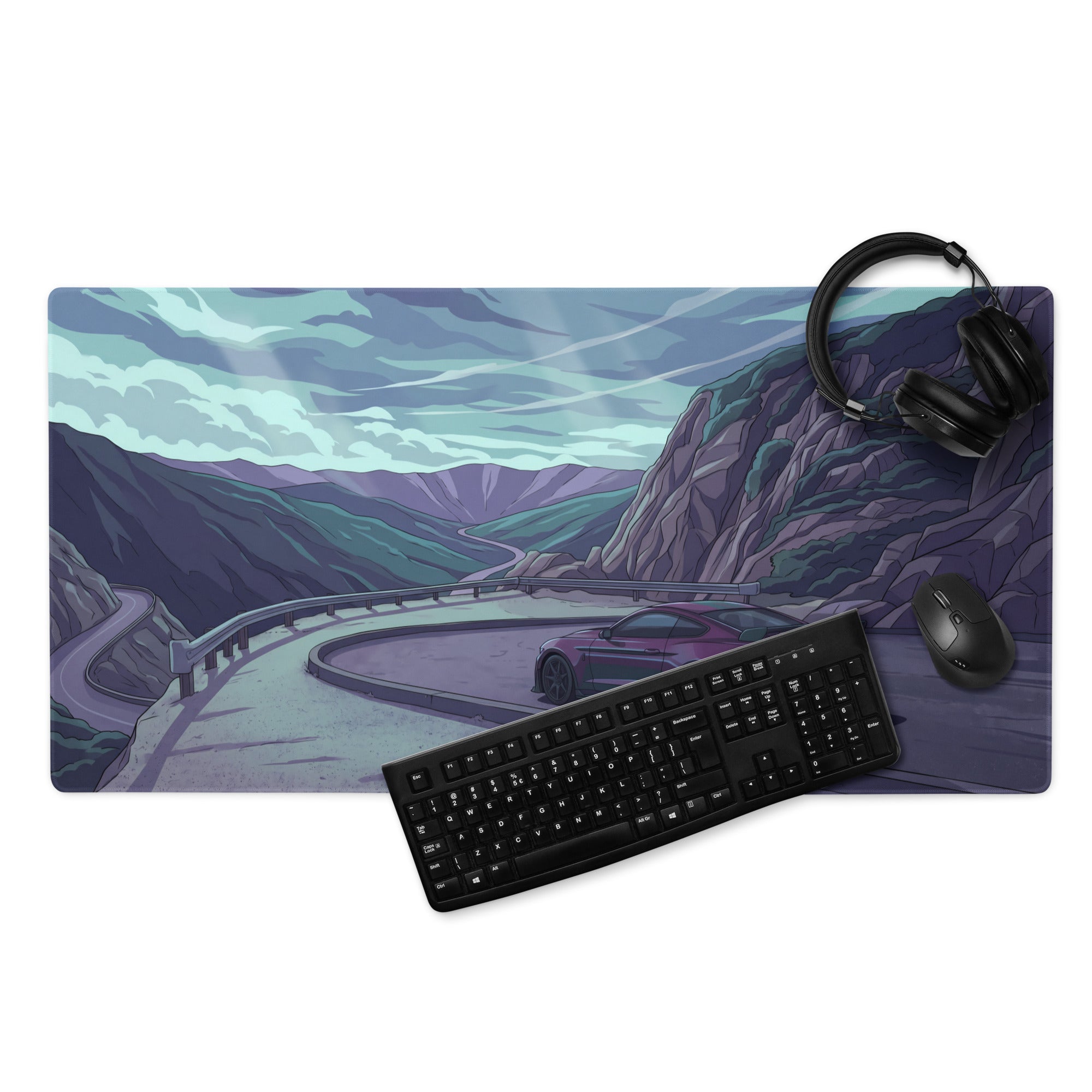 Ford Mustang Shelby GT350 Inspired Purple Vaporwave Gaming Mouse Pad – Moody Mountain Pass Desk Mat with Teal Highlights and Retro Scenic Road Art