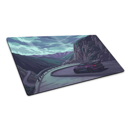 Ford Mustang Shelby GT350 Inspired Purple Vaporwave Gaming Mouse Pad – Moody Mountain Pass Desk Mat with Teal Highlights and Retro Scenic Road Art