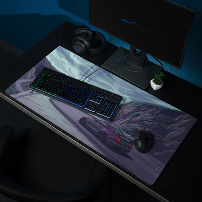 Ford Mustang Shelby GT350 Inspired Purple Vaporwave Gaming Mouse Pad – Moody Mountain Pass Desk Mat with Teal Highlights and Retro Scenic Road Art