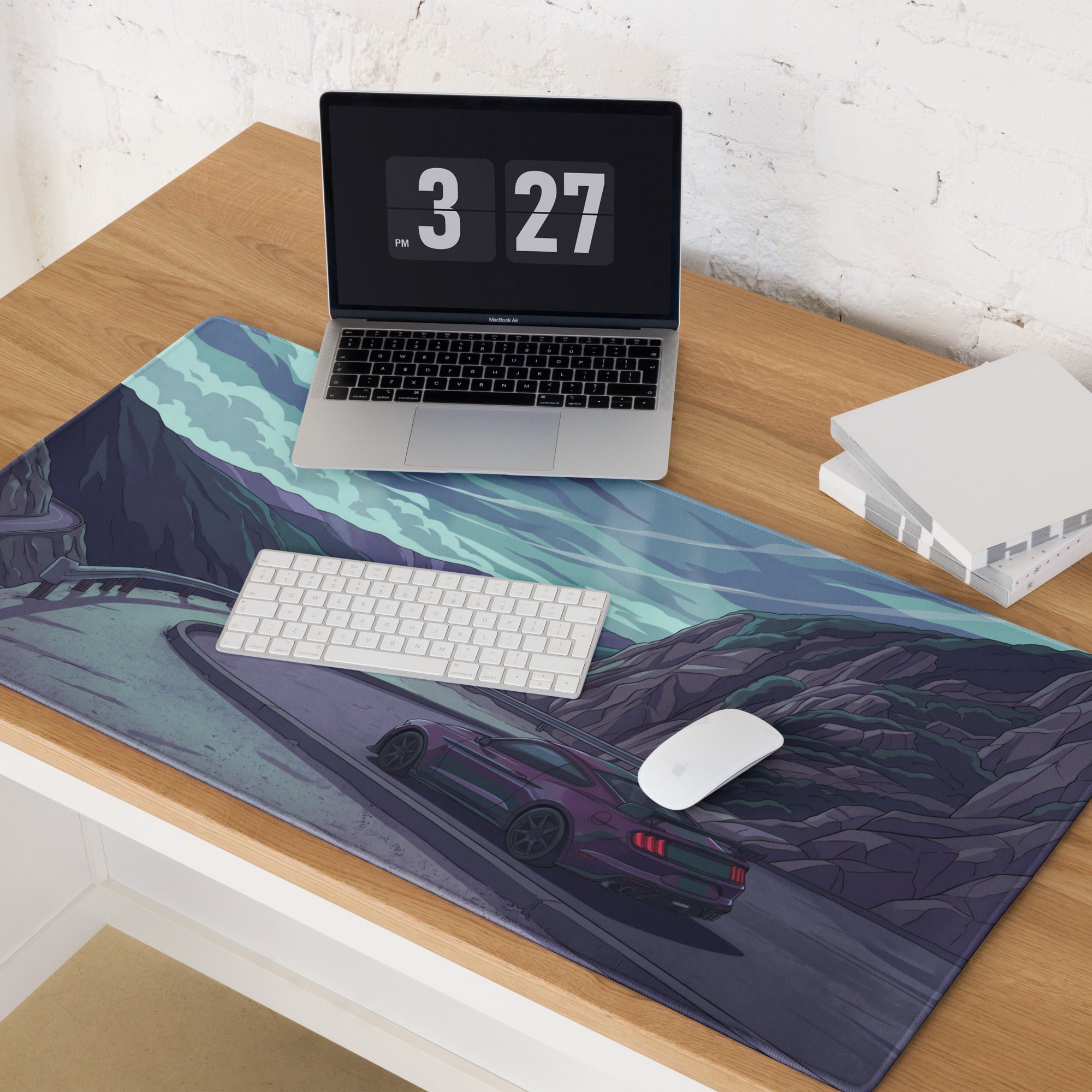 Ford Mustang Shelby GT350 Inspired Purple Vaporwave Gaming Mouse Pad – Moody Mountain Pass Desk Mat with Teal Highlights and Retro Scenic Road Art