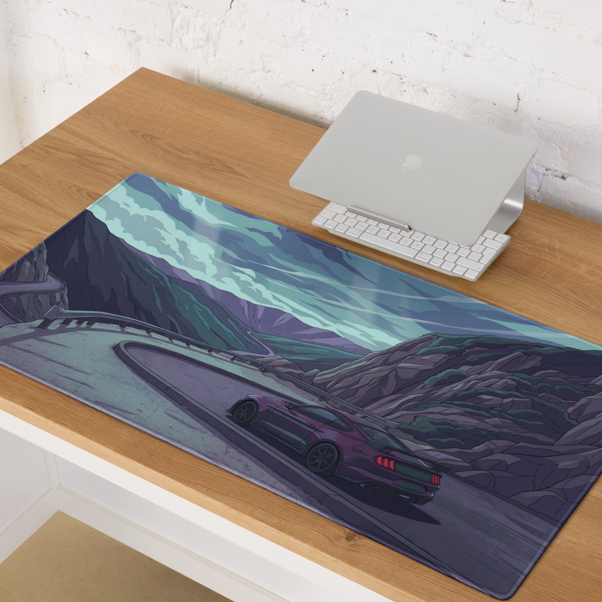 Ford Mustang Shelby GT350 Inspired Purple Vaporwave Gaming Mouse Pad – Moody Mountain Pass Desk Mat with Teal Highlights and Retro Scenic Road Art