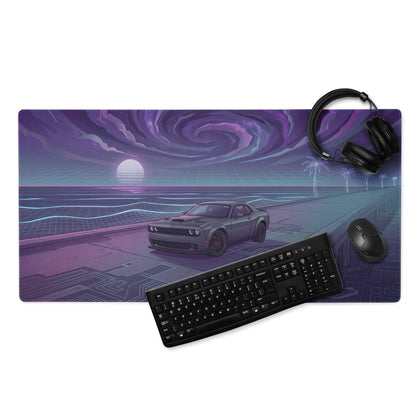 Dodge Challenger SRT Hellcat Inspired Gray Vaporwave Gaming Mouse Pad – Purple Cosmic Highway Desk Mat with Neon Grid Ocean and Retro Futuristic Art