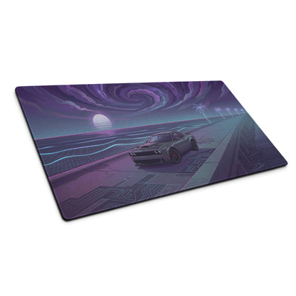 Dodge Challenger SRT Hellcat Inspired Gray Vaporwave Gaming Mouse Pad – Purple Cosmic Highway Desk Mat with Neon Grid Ocean and Retro Futuristic Art