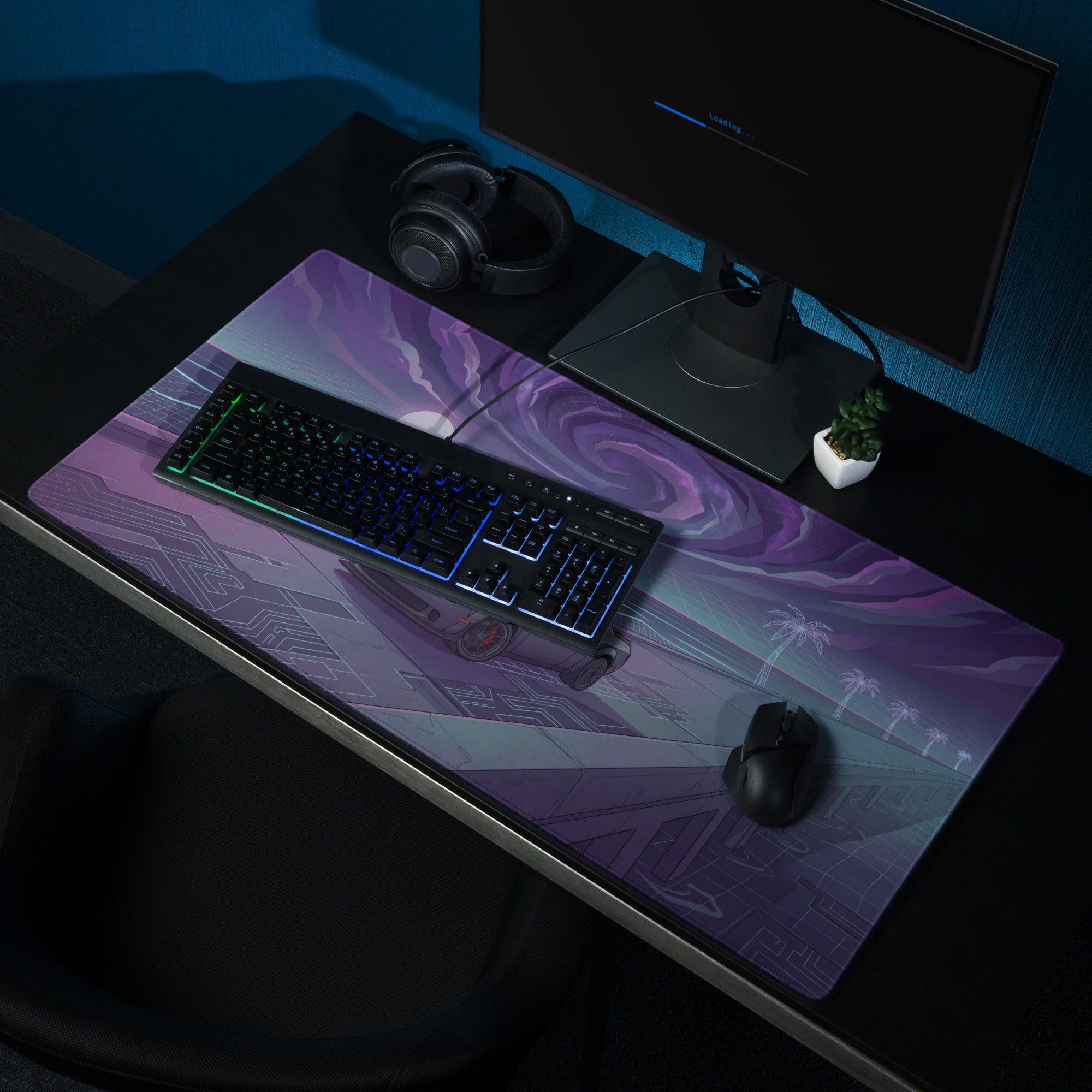Dodge Challenger SRT Hellcat Inspired Gray Vaporwave Gaming Mouse Pad – Purple Cosmic Highway Desk Mat with Neon Grid Ocean and Retro Futuristic Art