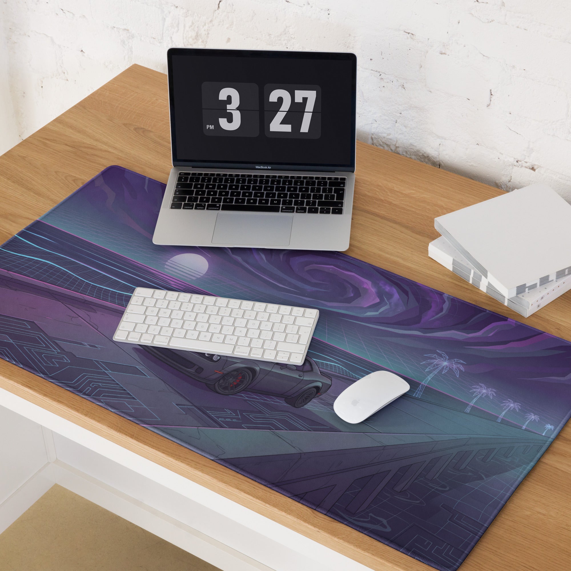 Dodge Challenger SRT Hellcat Inspired Gray Vaporwave Gaming Mouse Pad – Purple Cosmic Highway Desk Mat with Neon Grid Ocean and Retro Futuristic Art