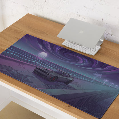 Dodge Challenger SRT Hellcat Inspired Gray Vaporwave Gaming Mouse Pad – Purple Cosmic Highway Desk Mat with Neon Grid Ocean and Retro Futuristic Art