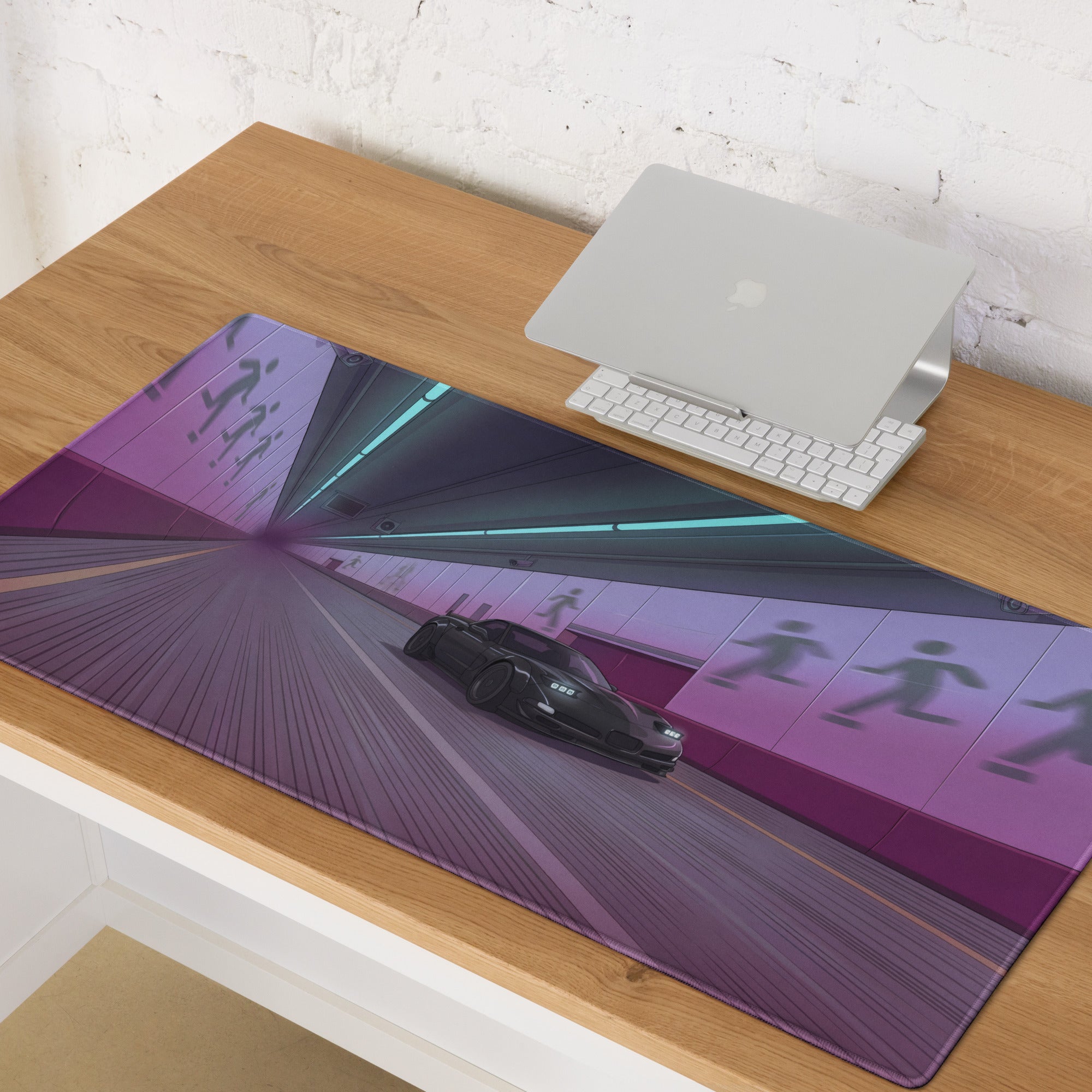 Chevrolet Corvette C5 Z06 Inspired Black Vaporwave Gaming Mouse Pad – Neon Purple Futuristic Tunnel Desk Mat with Cyberpunk Motion Art