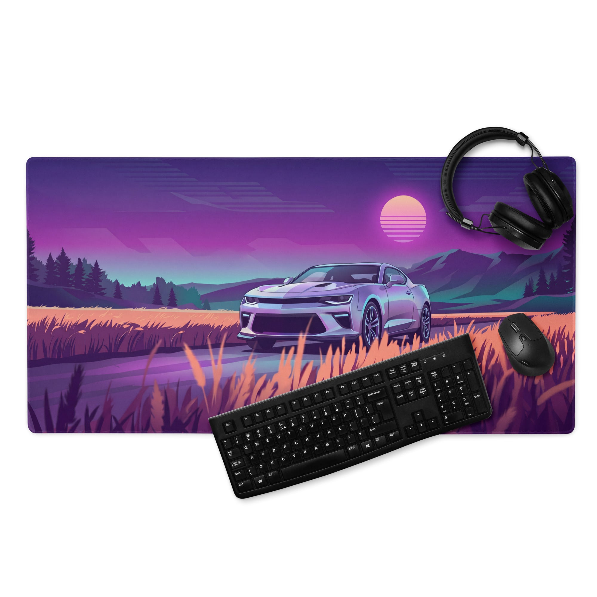 Chevrolet Camaro SS Inspired White Vaporwave Gaming Mouse Pad – Purple Sunset Country Road Desk Mat with Golden Fields and Retro Mountain Art