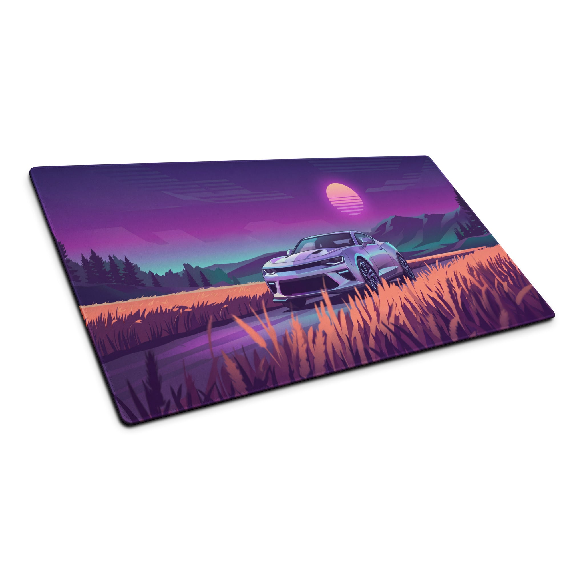 Chevrolet Camaro SS Inspired White Vaporwave Gaming Mouse Pad – Purple Sunset Country Road Desk Mat with Golden Fields and Retro Mountain Art