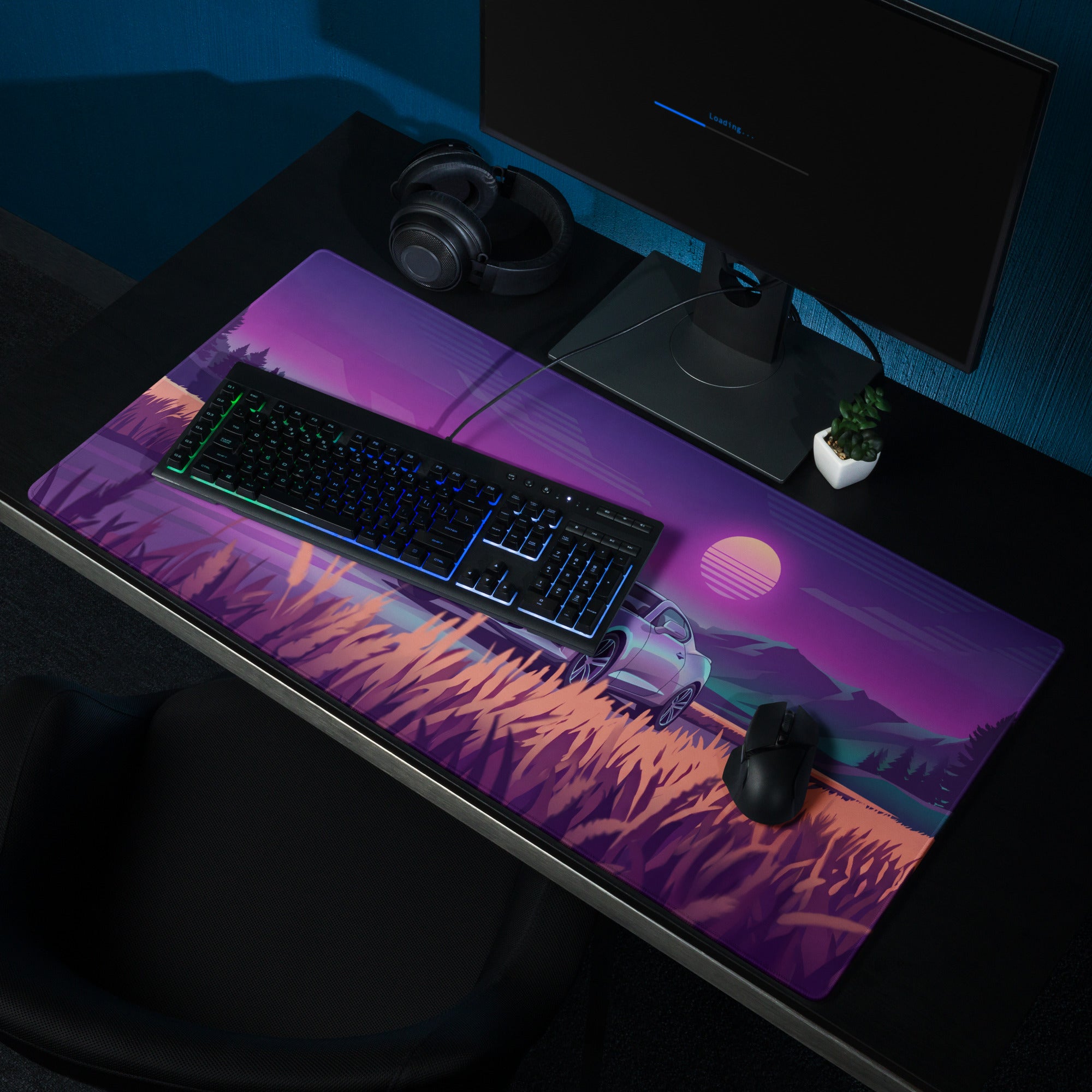 Chevrolet Camaro SS Inspired White Vaporwave Gaming Mouse Pad – Purple Sunset Country Road Desk Mat with Golden Fields and Retro Mountain Art