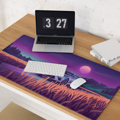 Chevrolet Camaro SS Inspired White Vaporwave Gaming Mouse Pad – Purple Sunset Country Road Desk Mat with Golden Fields and Retro Mountain Art