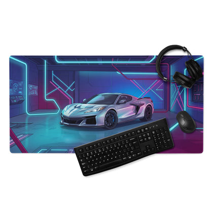 Chevrolet Corvette C8 Z06 Inspired Silver Vaporwave Gaming Mouse Pad – Neon Blue Pink Futuristic Garage Desk Mat with Cyberpunk Automotive Art
