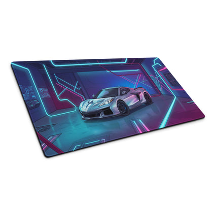 Chevrolet Corvette C8 Z06 Inspired Silver Vaporwave Gaming Mouse Pad – Neon Blue Pink Futuristic Garage Desk Mat with Cyberpunk Automotive Art
