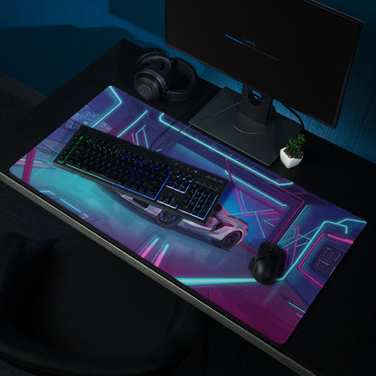 Chevrolet Corvette C8 Z06 Inspired Silver Vaporwave Gaming Mouse Pad – Neon Blue Pink Futuristic Garage Desk Mat with Cyberpunk Automotive Art
