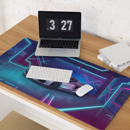 Chevrolet Corvette C8 Z06 Inspired Silver Vaporwave Gaming Mouse Pad – Neon Blue Pink Futuristic Garage Desk Mat with Cyberpunk Automotive Art