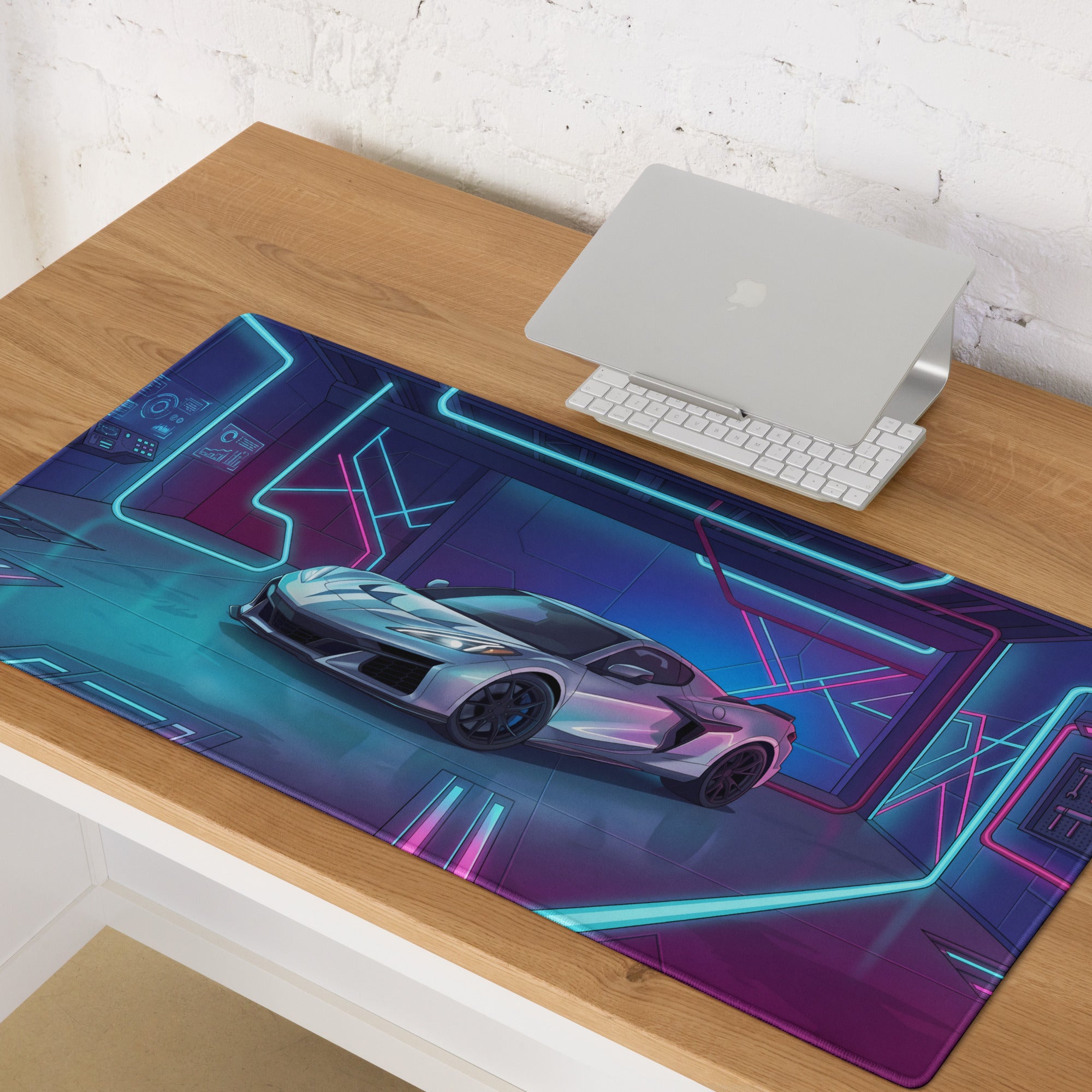 Chevrolet Corvette C8 Z06 Inspired Silver Vaporwave Gaming Mouse Pad – Neon Blue Pink Futuristic Garage Desk Mat with Cyberpunk Automotive Art