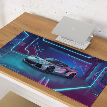 Chevrolet Corvette C8 Z06 Inspired Silver Vaporwave Gaming Mouse Pad – Neon Blue Pink Futuristic Garage Desk Mat with Cyberpunk Automotive Art