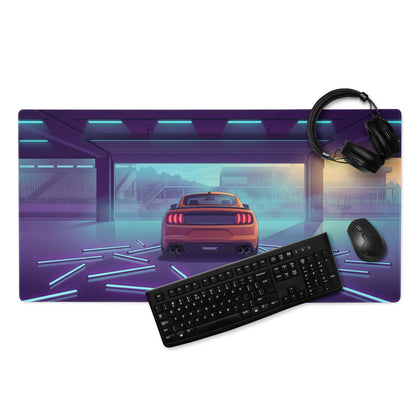 Ford Mustang Shelby GT500 Inspired Orange Vaporwave Gaming Mouse Pad – Neon Blue Purple Race Garage Desk Mat with Retro Futuristic Track Art