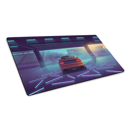 Ford Mustang Shelby GT500 Inspired Orange Vaporwave Gaming Mouse Pad – Neon Blue Purple Race Garage Desk Mat with Retro Futuristic Track Art