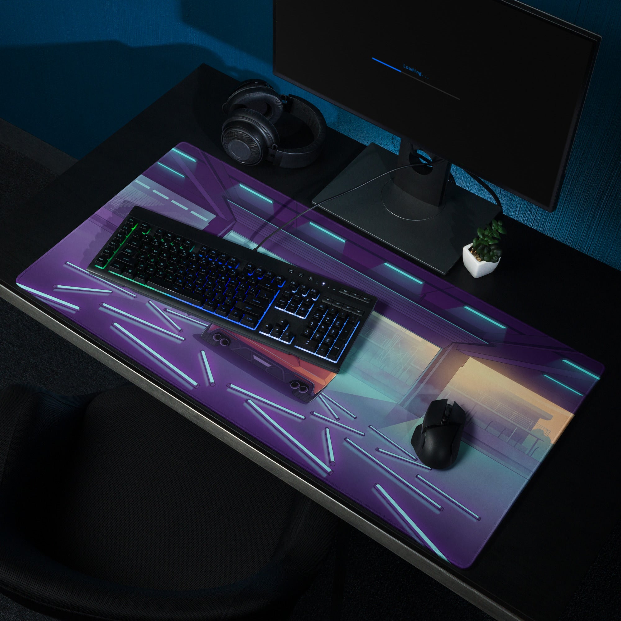 Ford Mustang Shelby GT500 Inspired Orange Vaporwave Gaming Mouse Pad – Neon Blue Purple Race Garage Desk Mat with Retro Futuristic Track Art