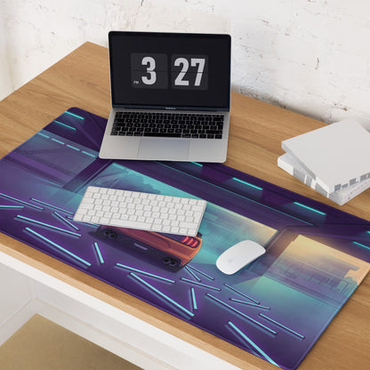 Ford Mustang Shelby GT500 Inspired Orange Vaporwave Gaming Mouse Pad – Neon Blue Purple Race Garage Desk Mat with Retro Futuristic Track Art