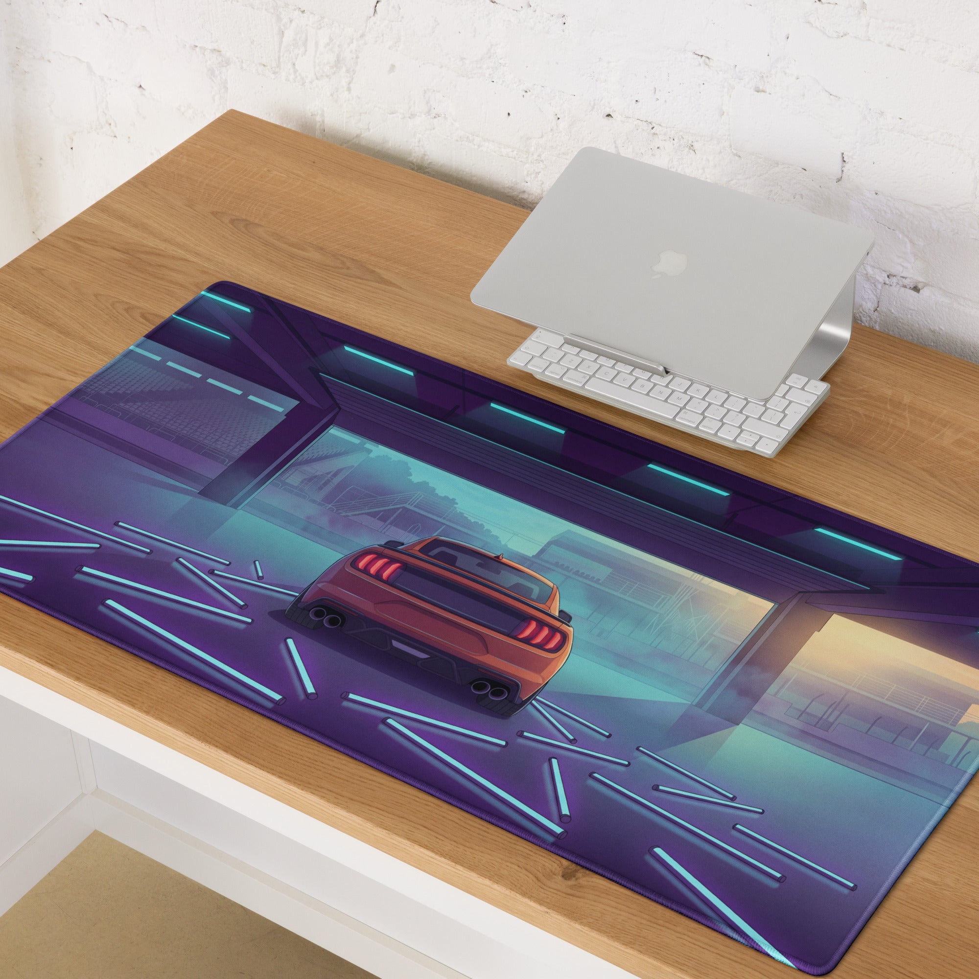 Ford Mustang Shelby GT500 Inspired Orange Vaporwave Gaming Mouse Pad – Neon Blue Purple Race Garage Desk Mat with Retro Futuristic Track Art