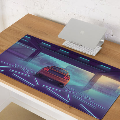 Ford Mustang Shelby GT500 Inspired Orange Vaporwave Gaming Mouse Pad – Neon Blue Purple Race Garage Desk Mat with Retro Futuristic Track Art