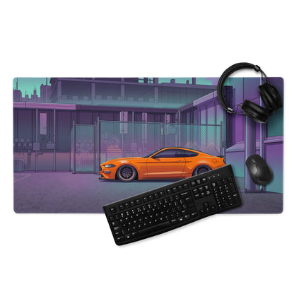 Ford Mustang GT Inspired Orange Vaporwave Gaming Mouse Pad – Purple Teal Urban Garage Desk Mat with Neon Palm Trees and Retro Futuristic Art