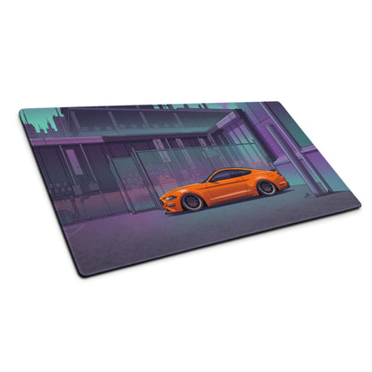 Ford Mustang GT Inspired Orange Vaporwave Gaming Mouse Pad – Purple Teal Urban Garage Desk Mat with Neon Palm Trees and Retro Futuristic Art