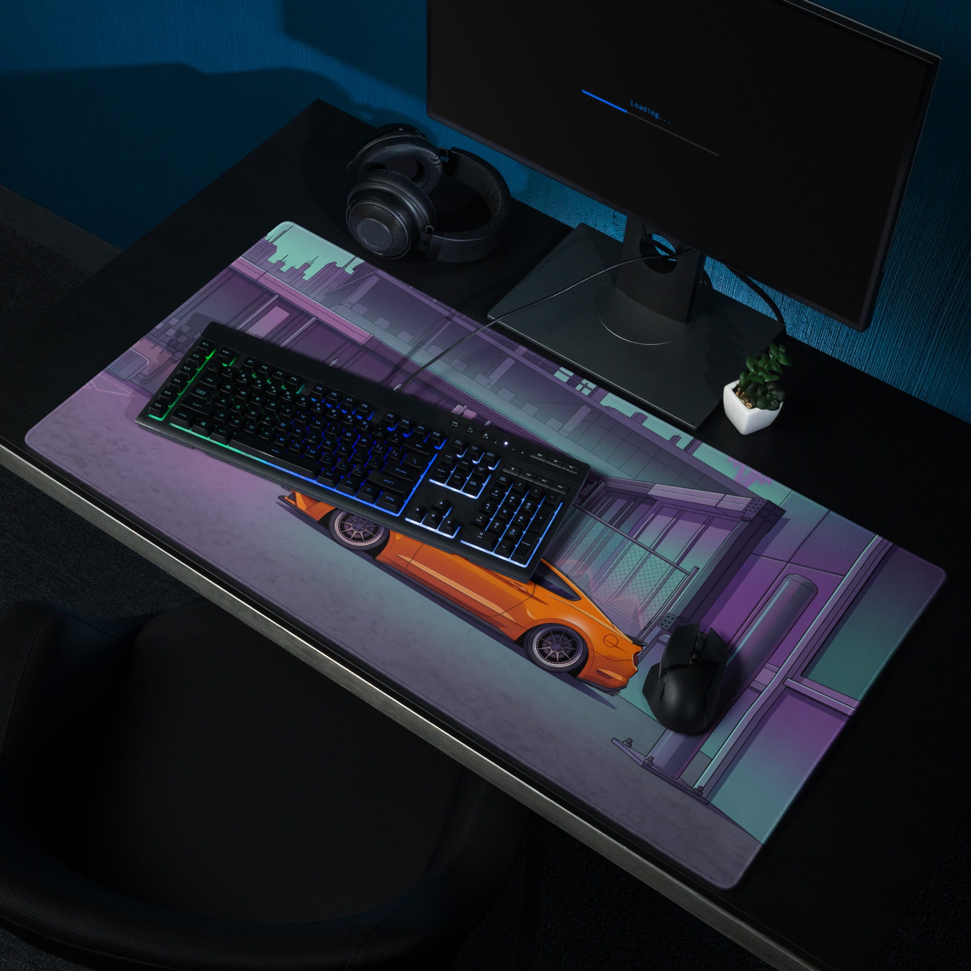 Ford Mustang GT Inspired Orange Vaporwave Gaming Mouse Pad – Purple Teal Urban Garage Desk Mat with Neon Palm Trees and Retro Futuristic Art
