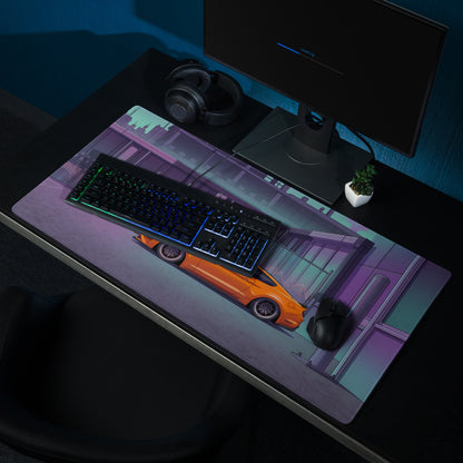 Ford Mustang GT Inspired Orange Vaporwave Gaming Mouse Pad – Purple Teal Urban Garage Desk Mat with Neon Palm Trees and Retro Futuristic Art
