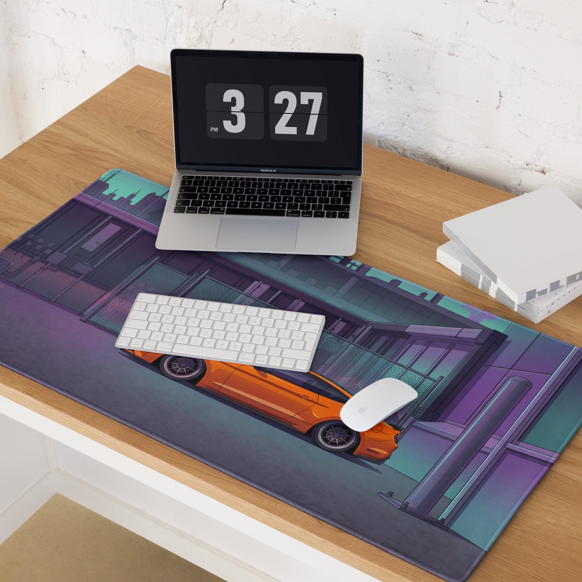 Ford Mustang GT Inspired Orange Vaporwave Gaming Mouse Pad – Purple Teal Urban Garage Desk Mat with Neon Palm Trees and Retro Futuristic Art