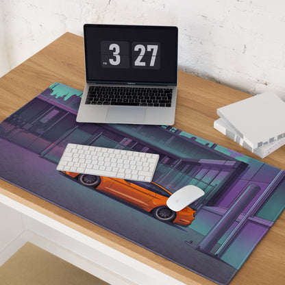 Ford Mustang GT Inspired Orange Vaporwave Gaming Mouse Pad – Purple Teal Urban Garage Desk Mat with Neon Palm Trees and Retro Futuristic Art