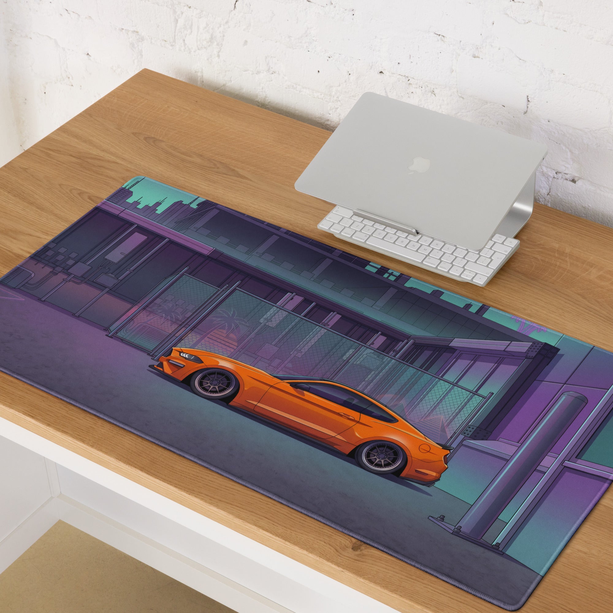 Ford Mustang GT Inspired Orange Vaporwave Gaming Mouse Pad – Purple Teal Urban Garage Desk Mat with Neon Palm Trees and Retro Futuristic Art