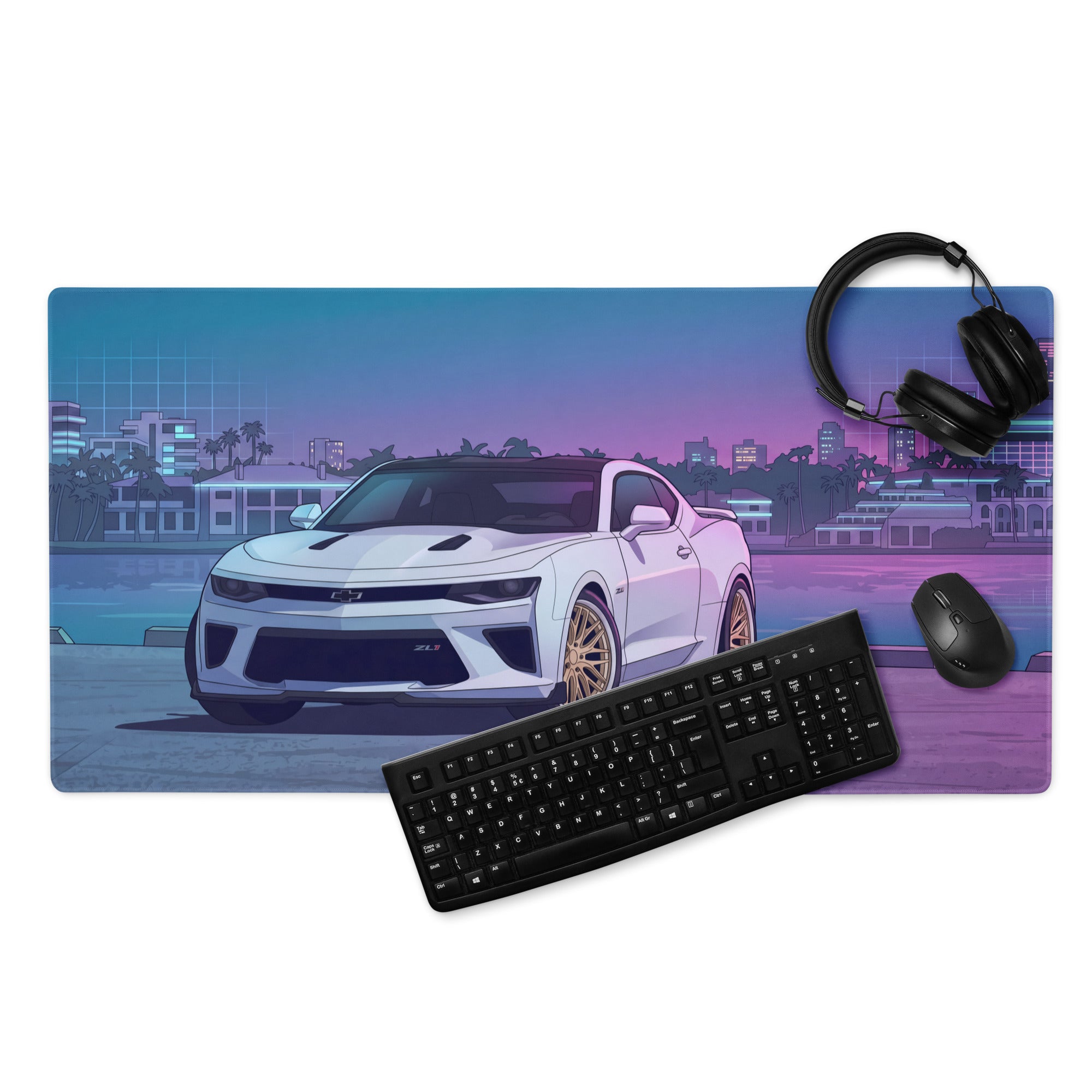 Chevrolet Camaro ZL1 Inspired White Vaporwave Gaming Mouse Pad – Blue Pink Miami Skyline Desk Mat with Retro Futuristic Waterfront Art