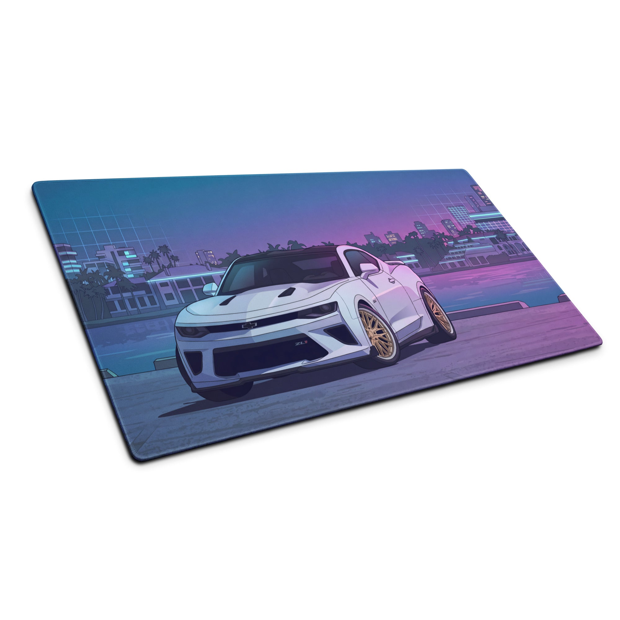 Chevrolet Camaro ZL1 Inspired White Vaporwave Gaming Mouse Pad – Blue Pink Miami Skyline Desk Mat with Retro Futuristic Waterfront Art