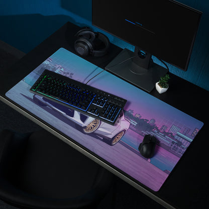 Chevrolet Camaro ZL1 Inspired White Vaporwave Gaming Mouse Pad – Blue Pink Miami Skyline Desk Mat with Retro Futuristic Waterfront Art