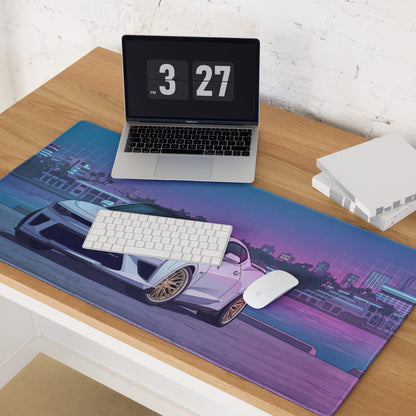 Chevrolet Camaro ZL1 Inspired White Vaporwave Gaming Mouse Pad – Blue Pink Miami Skyline Desk Mat with Retro Futuristic Waterfront Art