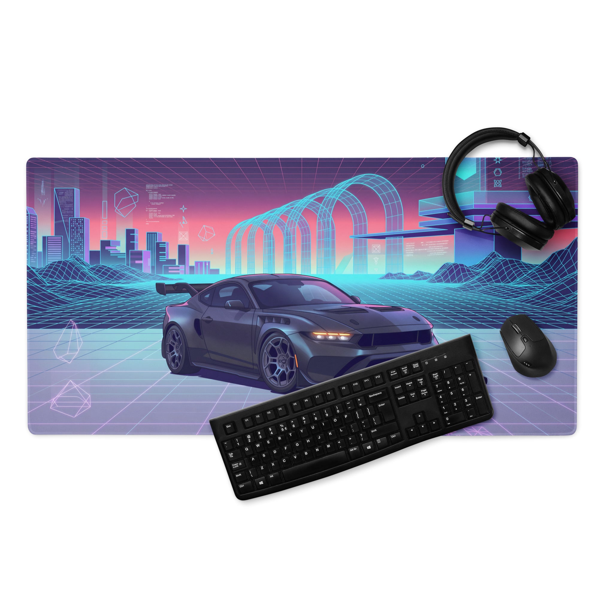 Ford Mustang GTD Inspired Black Vaporwave Gaming Mouse Pad – Neon Cyan Pink Cyber Grid Desk Mat with Retro Futuristic Digital City Art