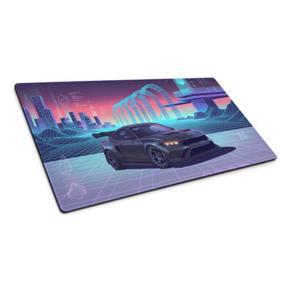 Ford Mustang GTD Inspired Black Vaporwave Gaming Mouse Pad – Neon Cyan Pink Cyber Grid Desk Mat with Retro Futuristic Digital City Art