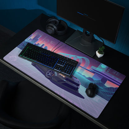 Ford Mustang GTD Inspired Black Vaporwave Gaming Mouse Pad – Neon Cyan Pink Cyber Grid Desk Mat with Retro Futuristic Digital City Art