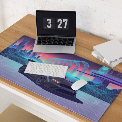 Ford Mustang GTD Inspired Black Vaporwave Gaming Mouse Pad – Neon Cyan Pink Cyber Grid Desk Mat with Retro Futuristic Digital City Art
