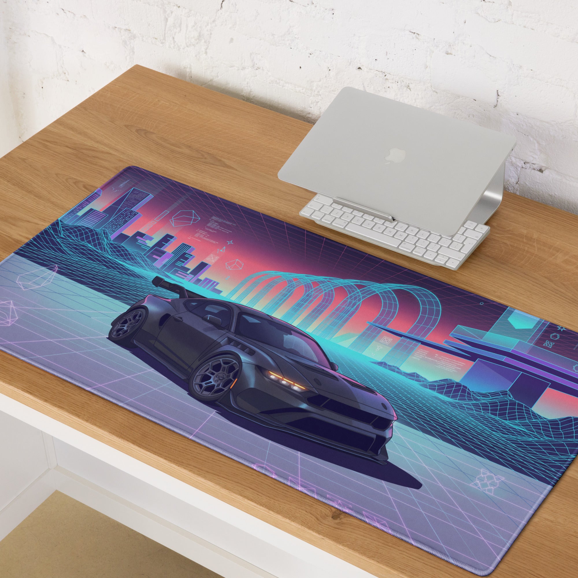 Ford Mustang GTD Inspired Black Vaporwave Gaming Mouse Pad – Neon Cyan Pink Cyber Grid Desk Mat with Retro Futuristic Digital City Art
